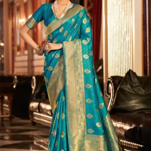 Mosque Blue Woven Banarasi Soft Silk Saree
