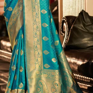 Mosque Blue Woven Banarasi Soft Silk Saree