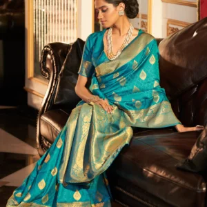 Mosque Blue Woven Banarasi Soft Silk Saree